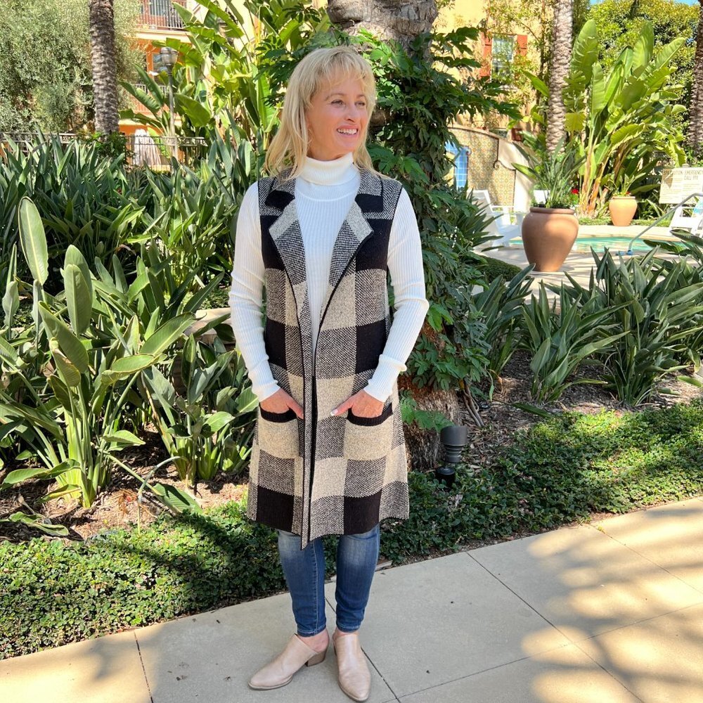 Open Front Plaid Long Cardigan Vest Heathered Black & Oatmeal With Pockets Small - Picture 2 of 5